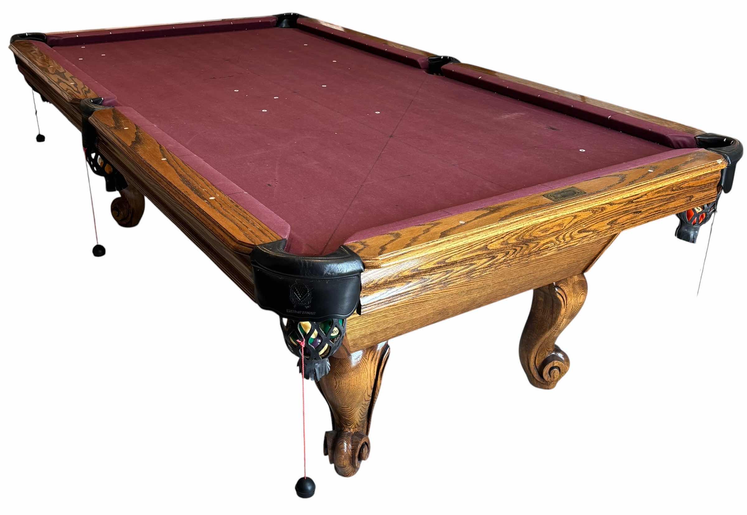 Photo 1 of WORLD OF LEISURE WOODEN POOL TABLE WITH RAMS HORN LEGS & LEATHER POCKETS (MISSING 8 BALL) $2695