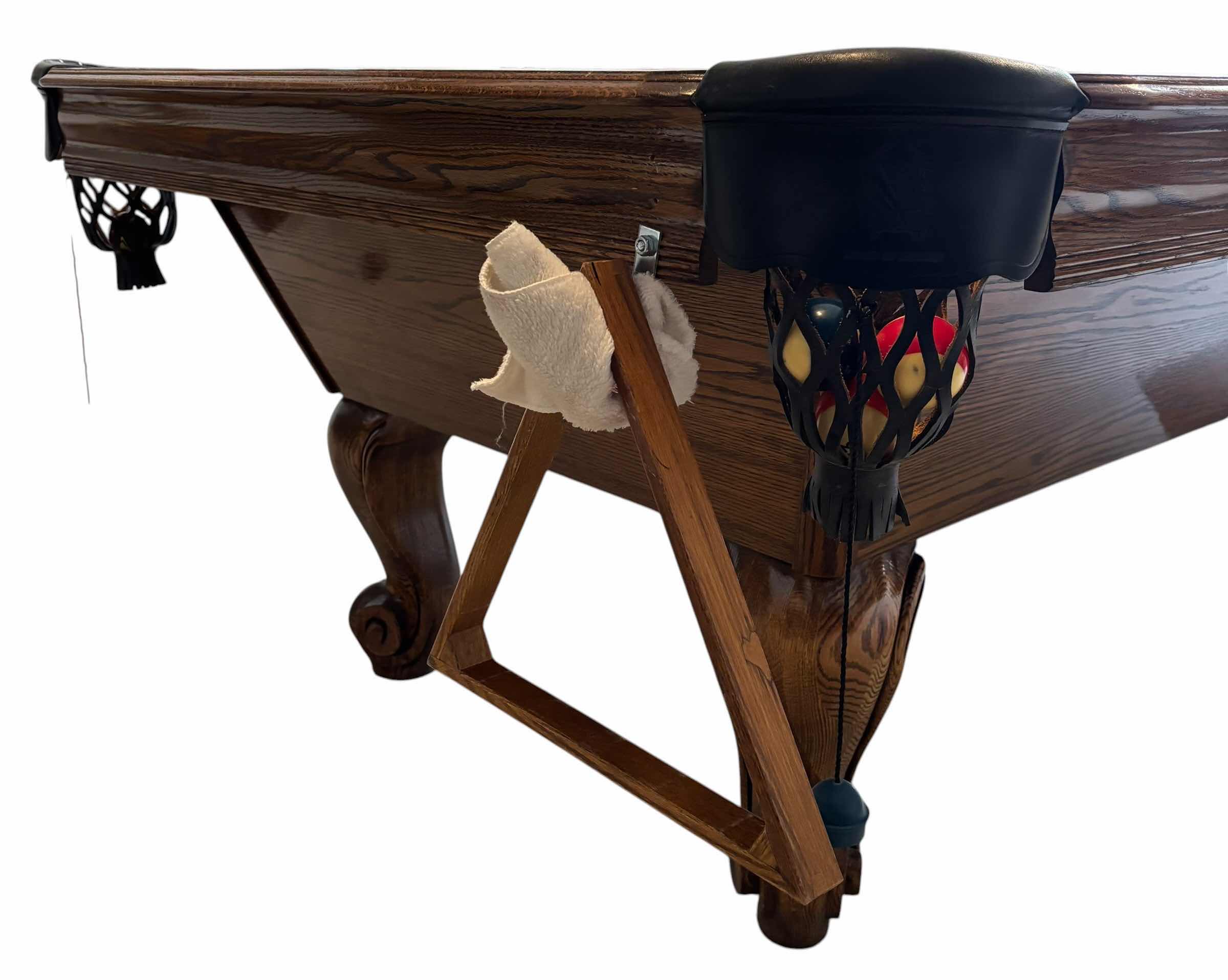 Photo 1 of WORLD OF LEISURE WOODEN POOL TABLE WITH RAMS HORN LEGS & LEATHER POCKETS (MISSING 8 BALL) $2695
