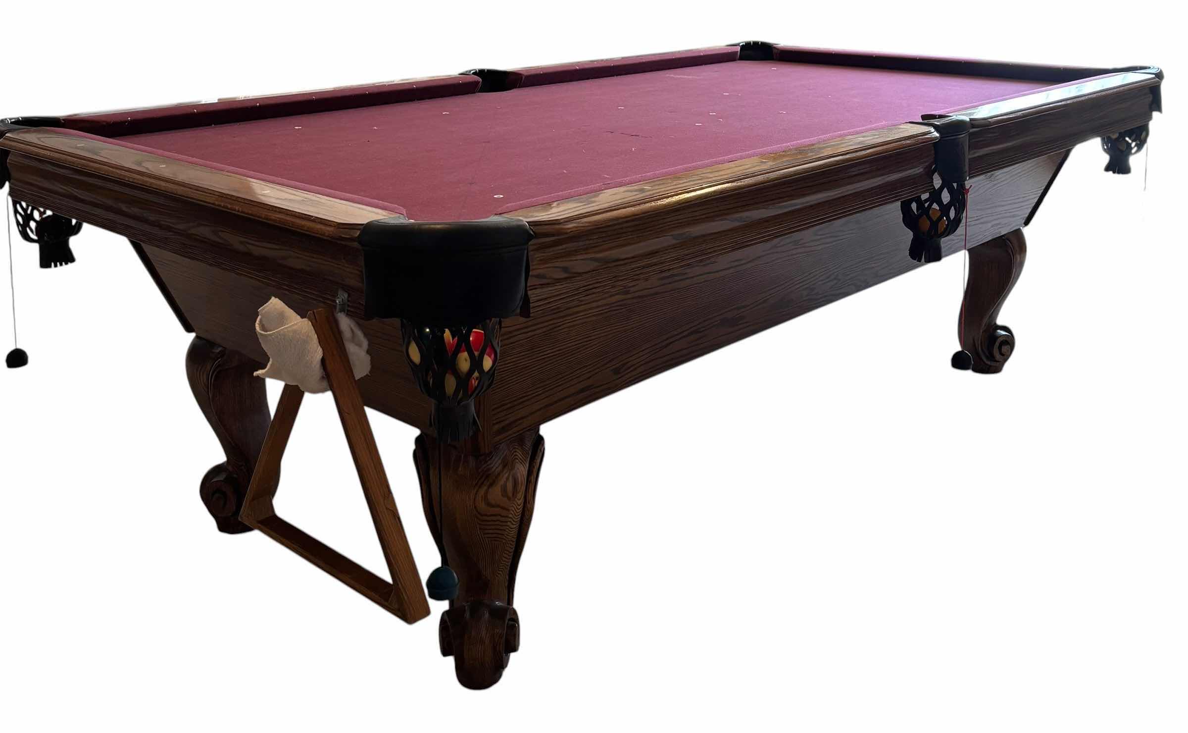 Photo 1 of WORLD OF LEISURE WOODEN POOL TABLE WITH RAMS HORN LEGS & LEATHER POCKETS (MISSING 8 BALL) $2695