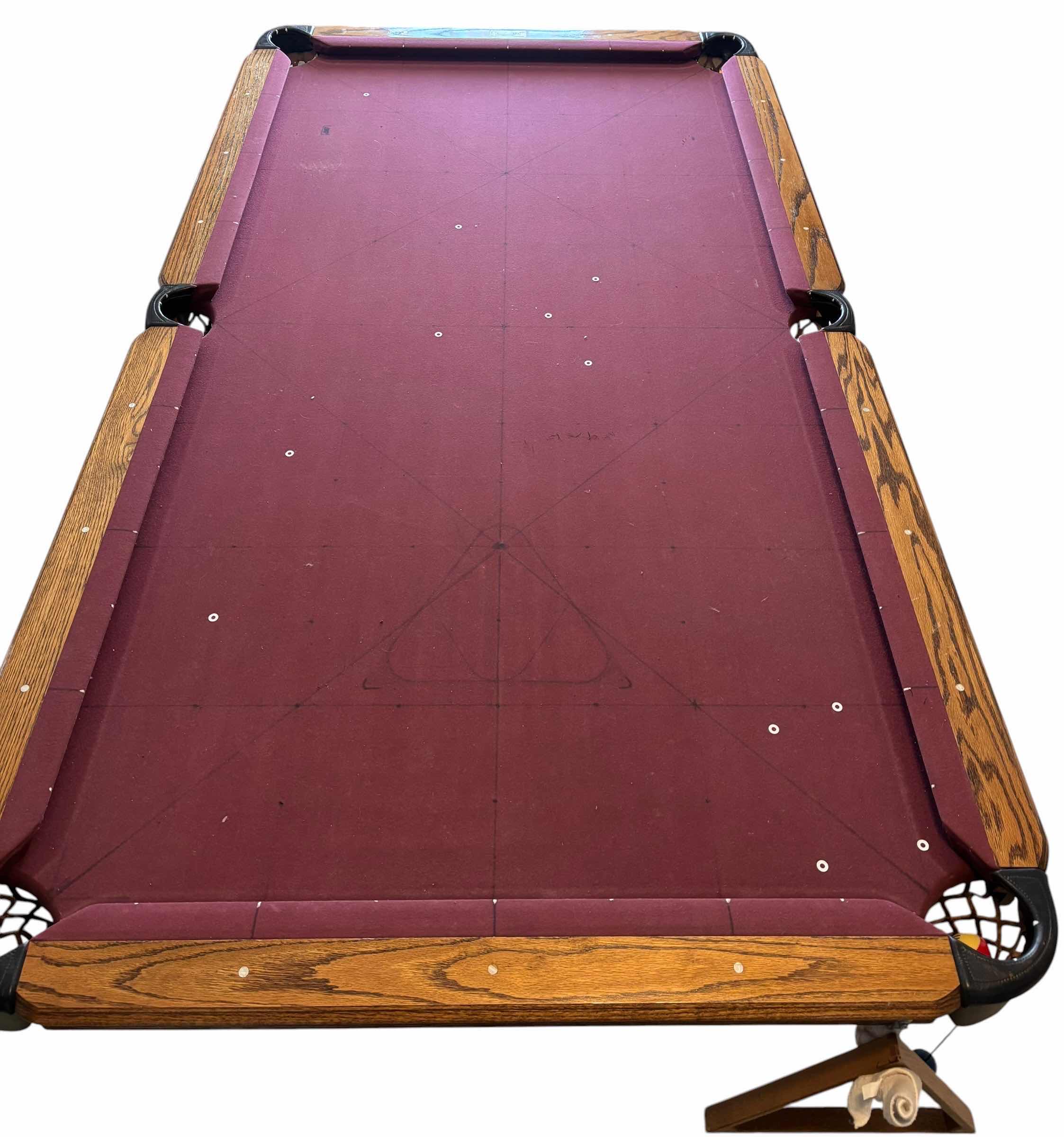 Photo 1 of WORLD OF LEISURE WOODEN POOL TABLE WITH RAMS HORN LEGS & LEATHER POCKETS (MISSING 8 BALL) $2695