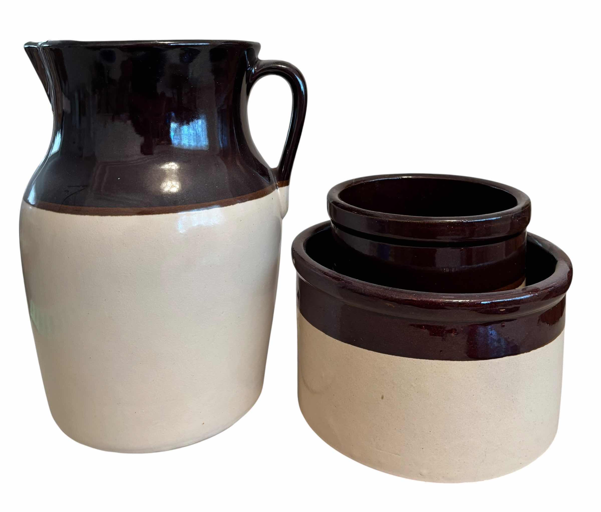 Photo 1 of VINTAGE ROBINSON RANSBOTTOM POTTERY COMPANY STONEWARE POTTERY - SET OF 3 (PITCHER H11” & LARGEST BOWL D8”)