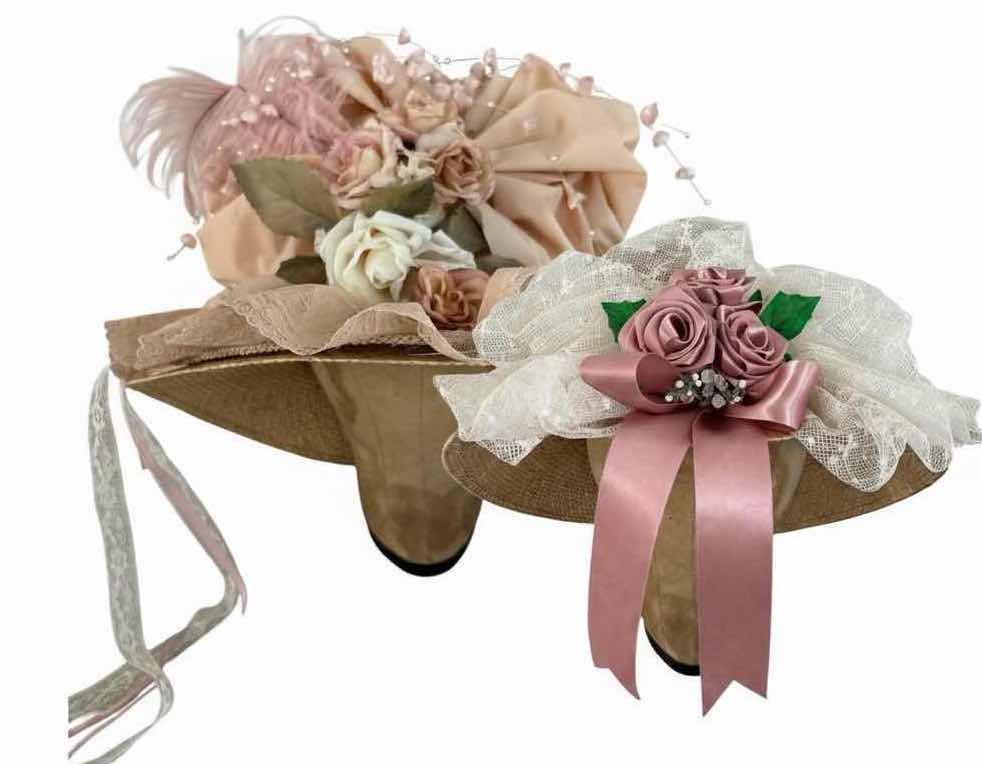 Photo 1 of (2)PCS VINTAGE STRAW HAT DECORATED W PINK ROSES AND FEATHERS D12”