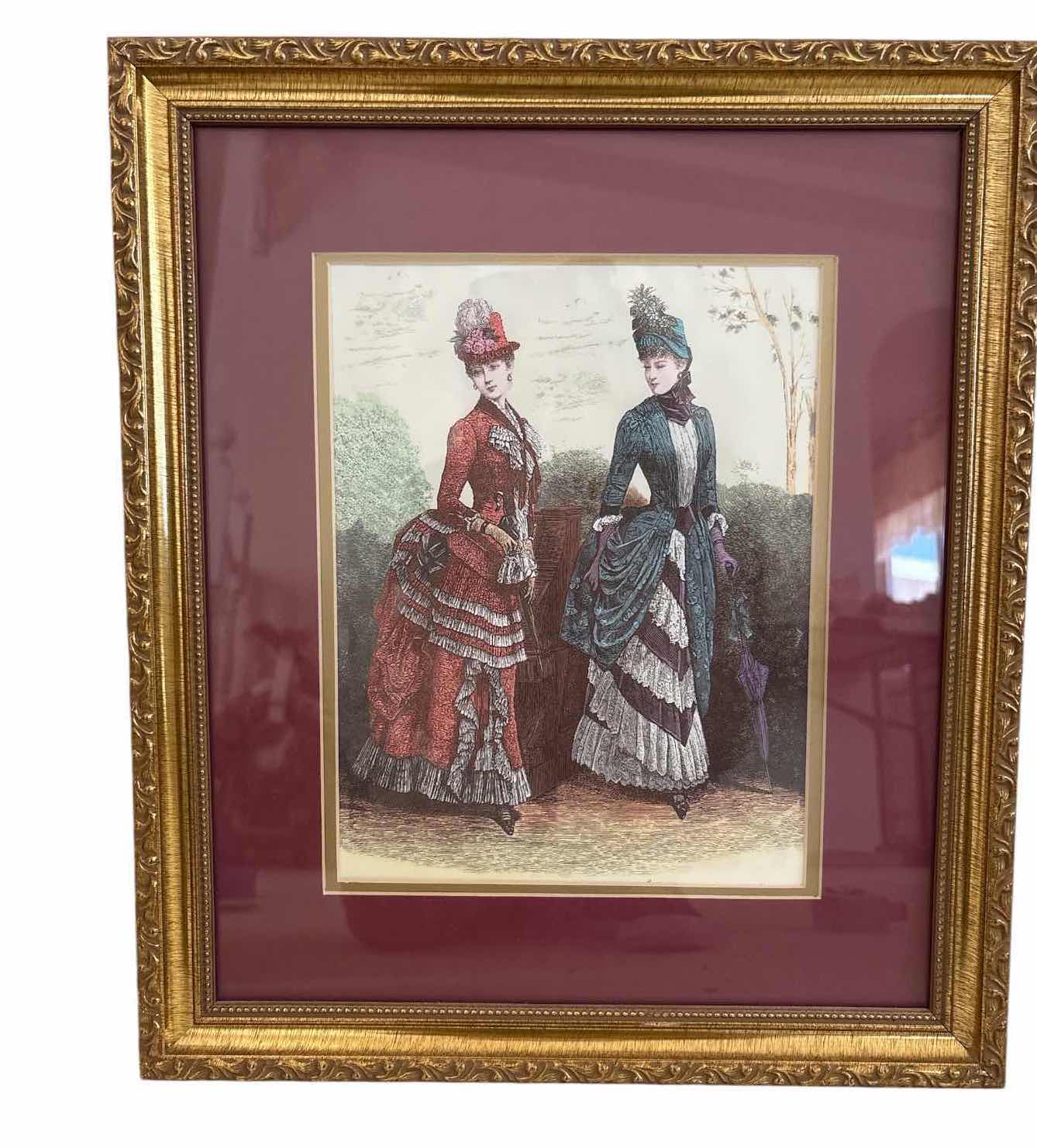 Photo 1 of GRAMED ARTWORK LA MODE ILLUSTRATE FRENCH FASHION PRINT OF TWO WOMEN IN BUSTLED DRESSES  14”X17”