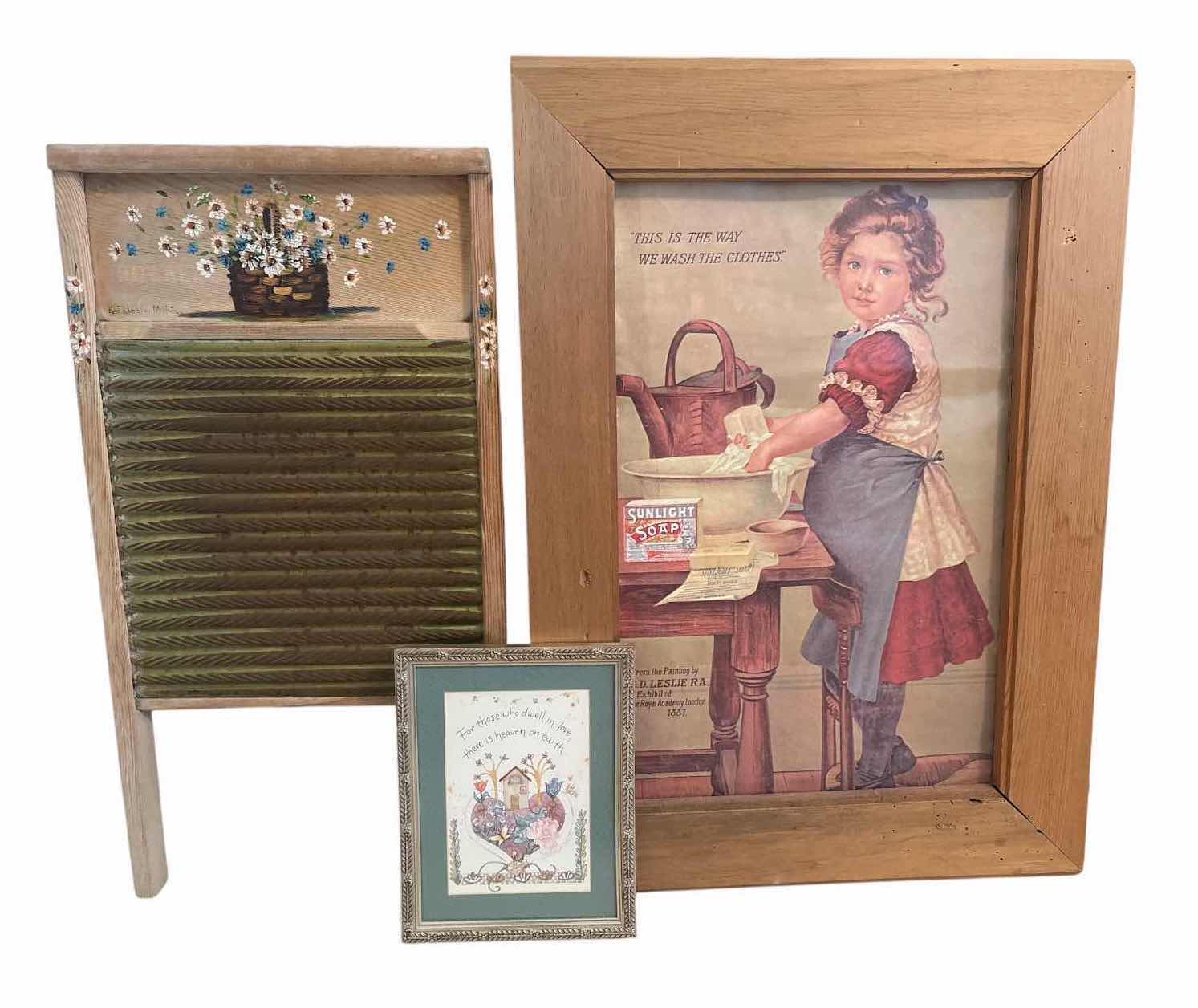 Photo 1 of (3)PCS VINTAGE WASHBOARD, SUNLIGHT-SOAP, & FRIENDSHIP WALL ART 18.5”X26.5”