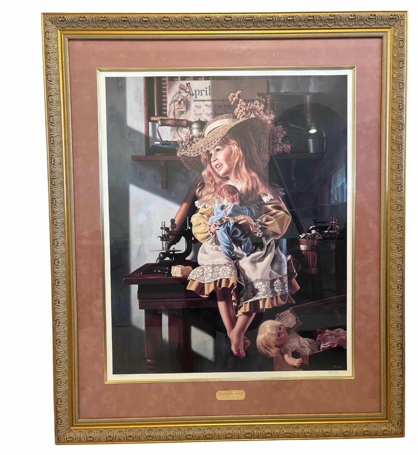 Photo 1 of FRAMED ARTWORK “MONDAY THRU SUNDAY” YOUBG GIRL CRASLING A DOLL LIMITED EDITION SIGNED BY BOB BYERLEY #375/950 IN ORNATE GOLD FRAME 35”X42.5”