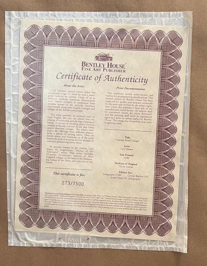 Photo 1 of FRAMED ARTWORK LIMITED EDITION “CLAVERLY BROOK COTTAGE” LITHOGRAPH BY CARL VALENTE W COA #273/7500 IN ORNATE  GOLD STYLE FRAME 33.5”X27.5”
