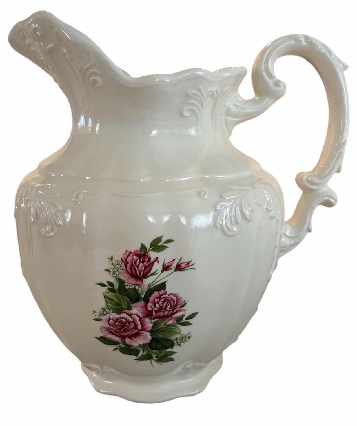 Photo 1 of VINTAGE ARNELS WHITE PINK ROSE FLORAL CERAMIC PITCHER & BASIN H10.5”