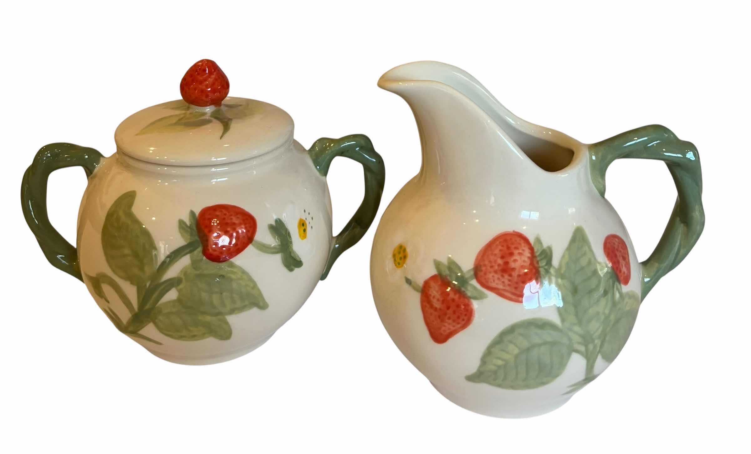 View 1 of VINTAGE FRANCISCAN STRAWBERRY FAIR PATTERN POTTERY SUGAR BOWL N CREAMER SET