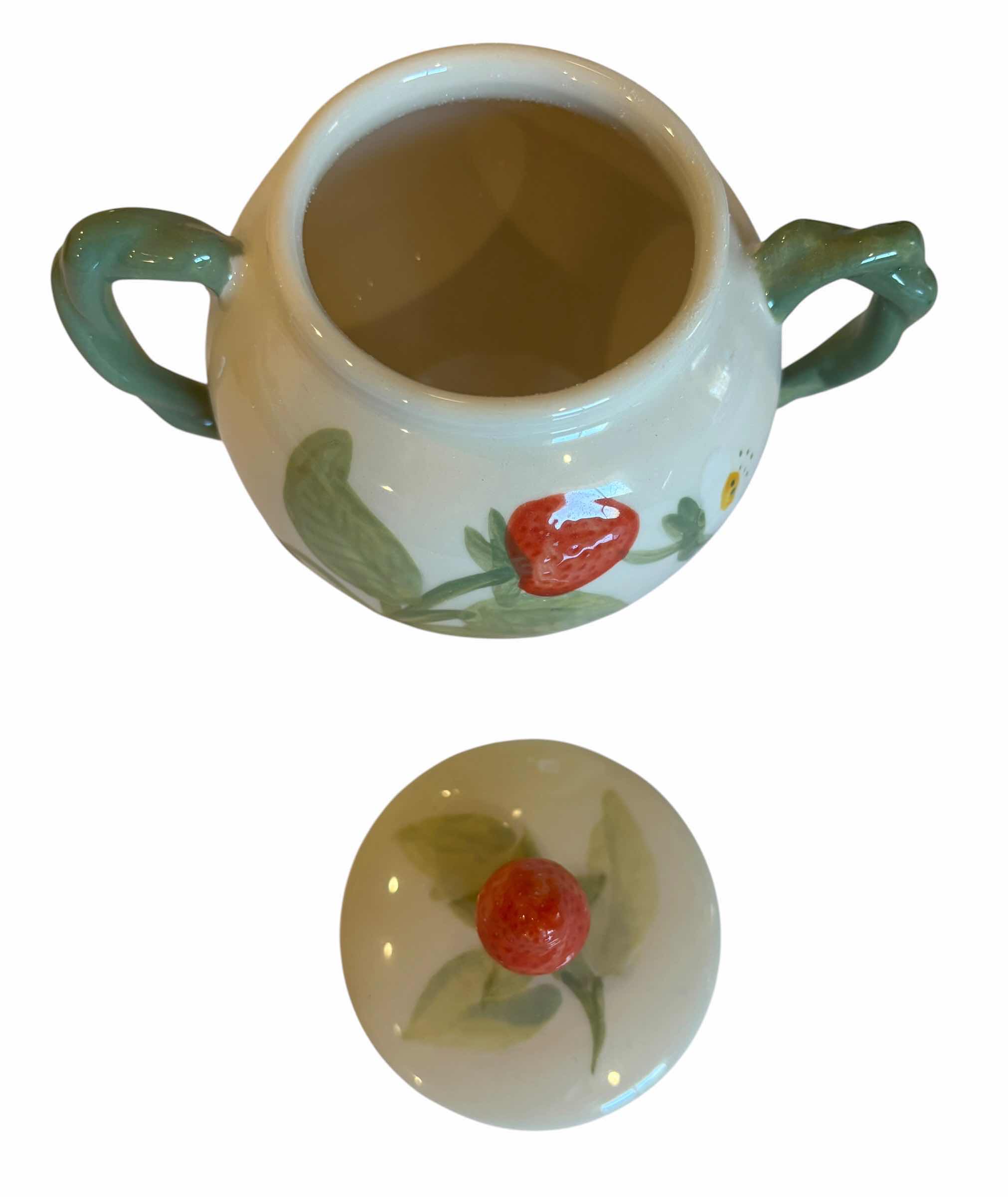 View 2 of VINTAGE FRANCISCAN STRAWBERRY FAIR PATTERN POTTERY SUGAR BOWL N CREAMER SET