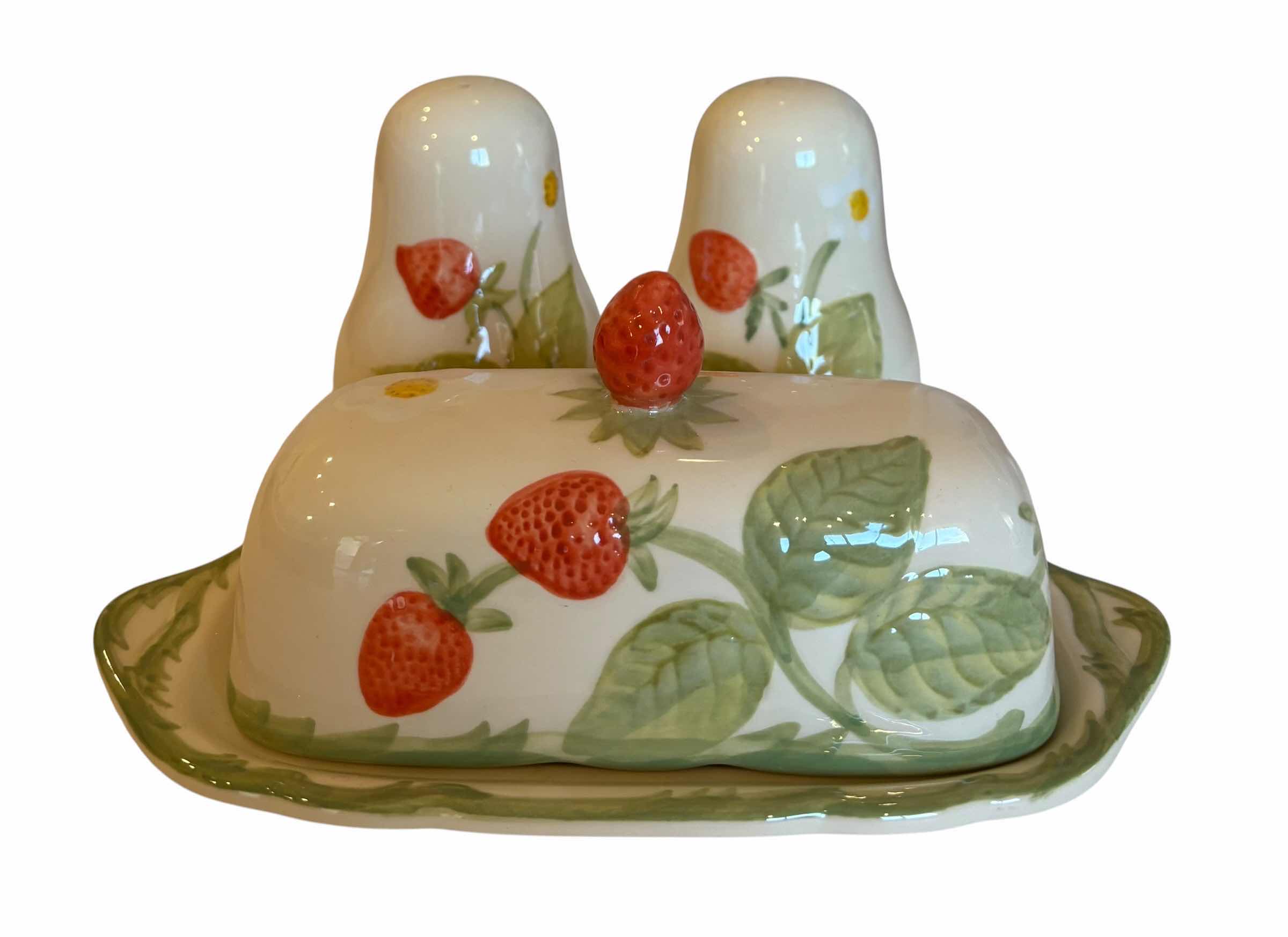 Photo 1 of VINTAGE FRANCISCAN STRAWBERRY FAIR PATTERN POTTERY BUTTER DISH & SALT N PEPPER SHAKERS