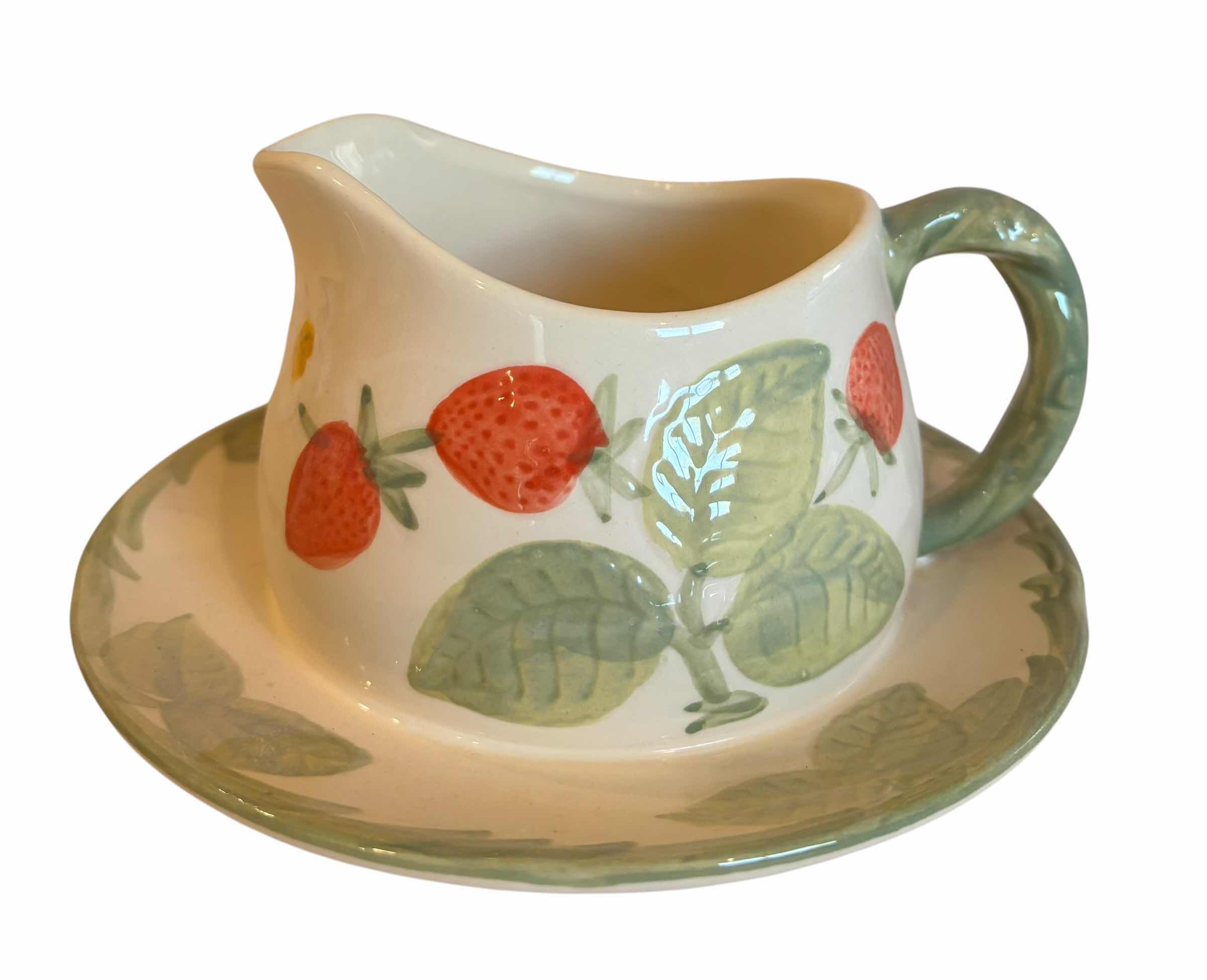 Photo 1 of VINTAGE FRANCISCAN STRAWBERRY FAIR PATTERN POTTERY GRAVY BOAT WITH ATTACHED UNDERPLATE & SALT N PEPPER SHAKERS $55