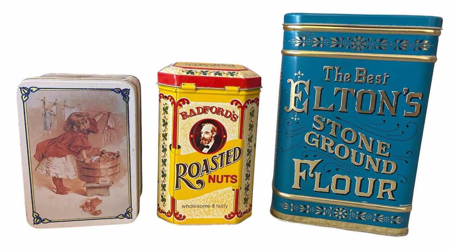 Photo 1 of (5)PCS VINTAGE ADVERTISING LITHOGRAPHED FOOD STORAGE TINS H9”