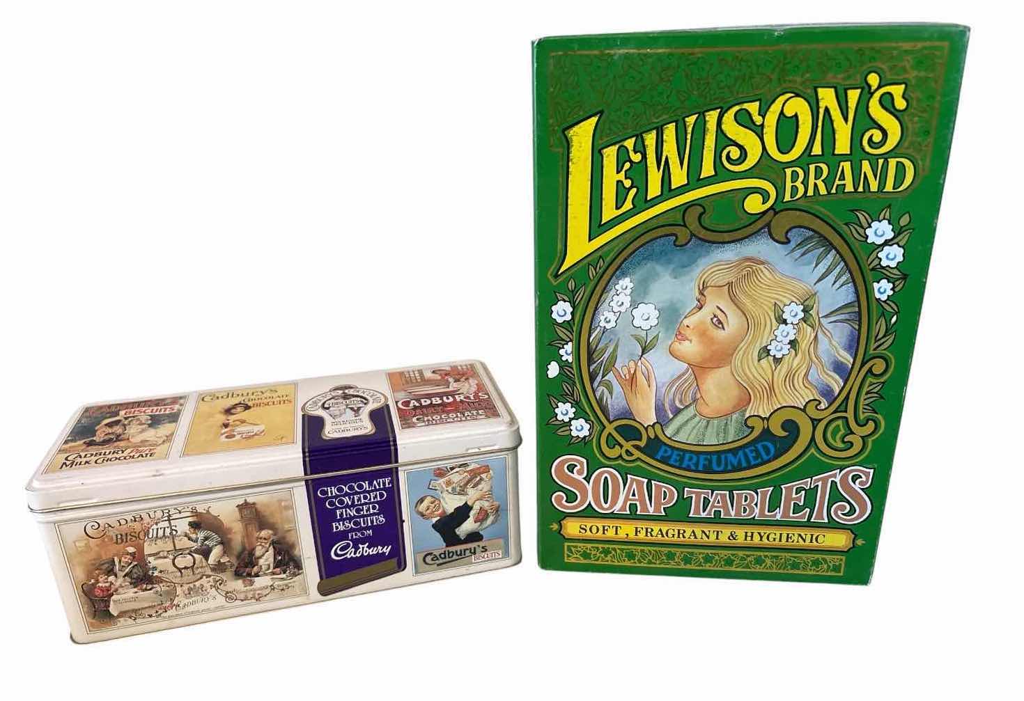 Photo 1 of (4)PCS VINTAGE LITHOGRAPHED METAL ADVERTISING TINS- LEWISONS SOAP, CADBURYS BISCUITS, OCEANIG CUT PLUG, HERSHEYS CHOCOLATE H10” $145