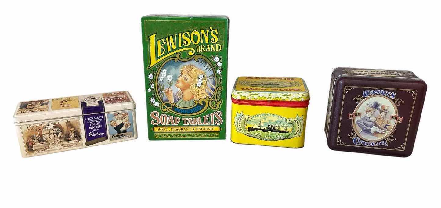 Photo 1 of (4)PCS VINTAGE LITHOGRAPHED METAL ADVERTISING TINS- LEWISONS SOAP, CADBURYS BISCUITS, OCEANIG CUT PLUG, HERSHEYS CHOCOLATE H10” $145