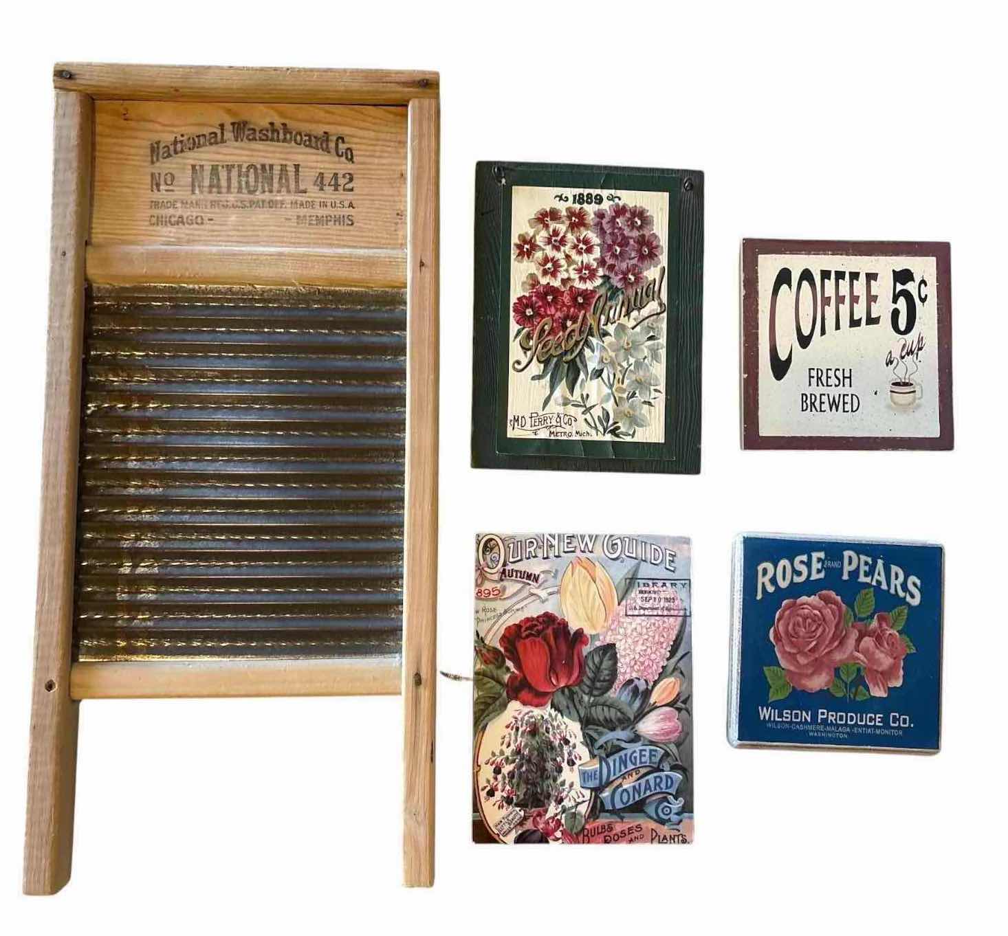Photo 1 of (8)PCS VINTAGE PRIMITIVE AND FARMHOUSE DECOR ITEMS WASHBOARD, WALL ART, DECORATIVE PLAQUES, AND A MAYPOLE DYES DISPLAY H18”