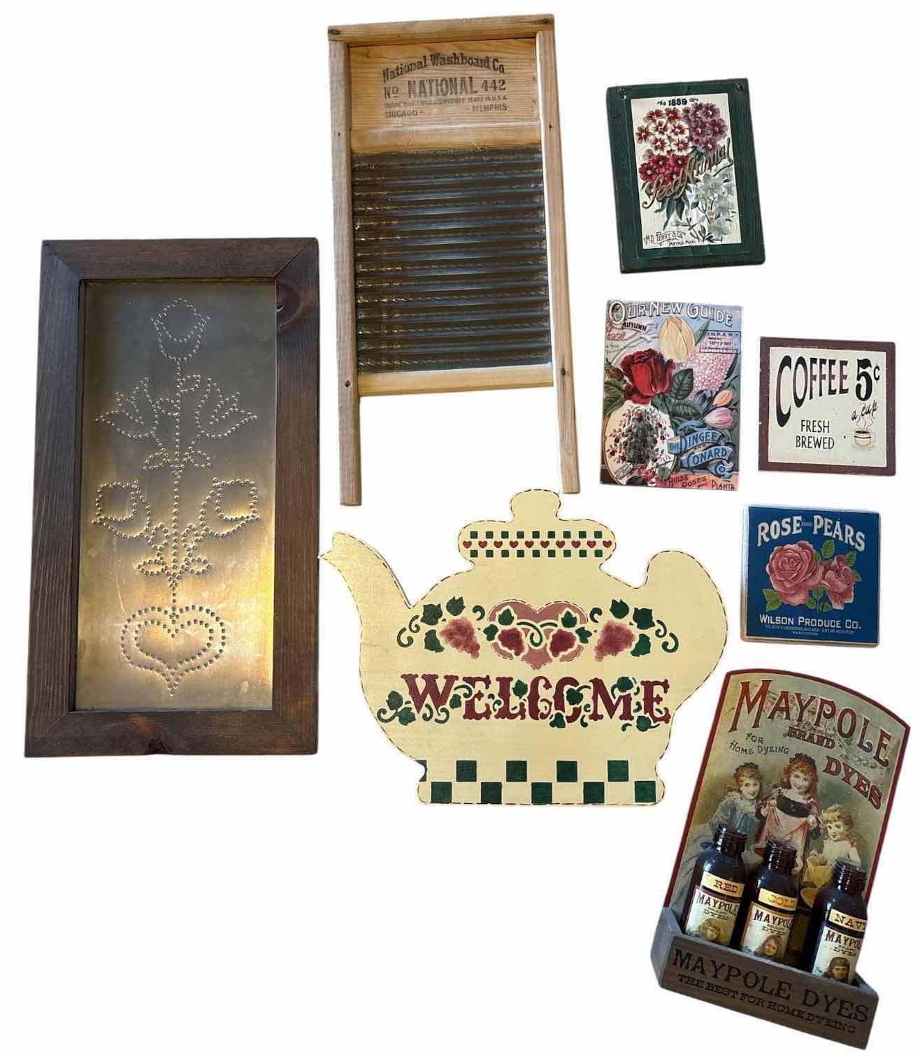 Photo 1 of (8)PCS VINTAGE PRIMITIVE AND FARMHOUSE DECOR ITEMS WASHBOARD, WALL ART, DECORATIVE PLAQUES, AND A MAYPOLE DYES DISPLAY H18”