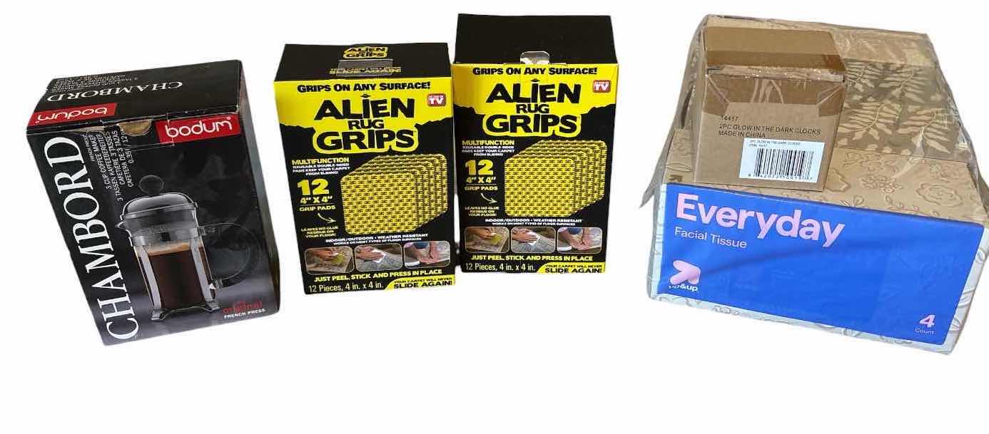 Photo 1 of (5)PCS HOUSEHOLD ITEMS- BODUM CHAMBORD FRENCH PRESS, (2) ALIEN RUG GRIPS, FACIAL TISSUES, GLOW-IN-THE-DARK CLOCKS, A POWER STRIP