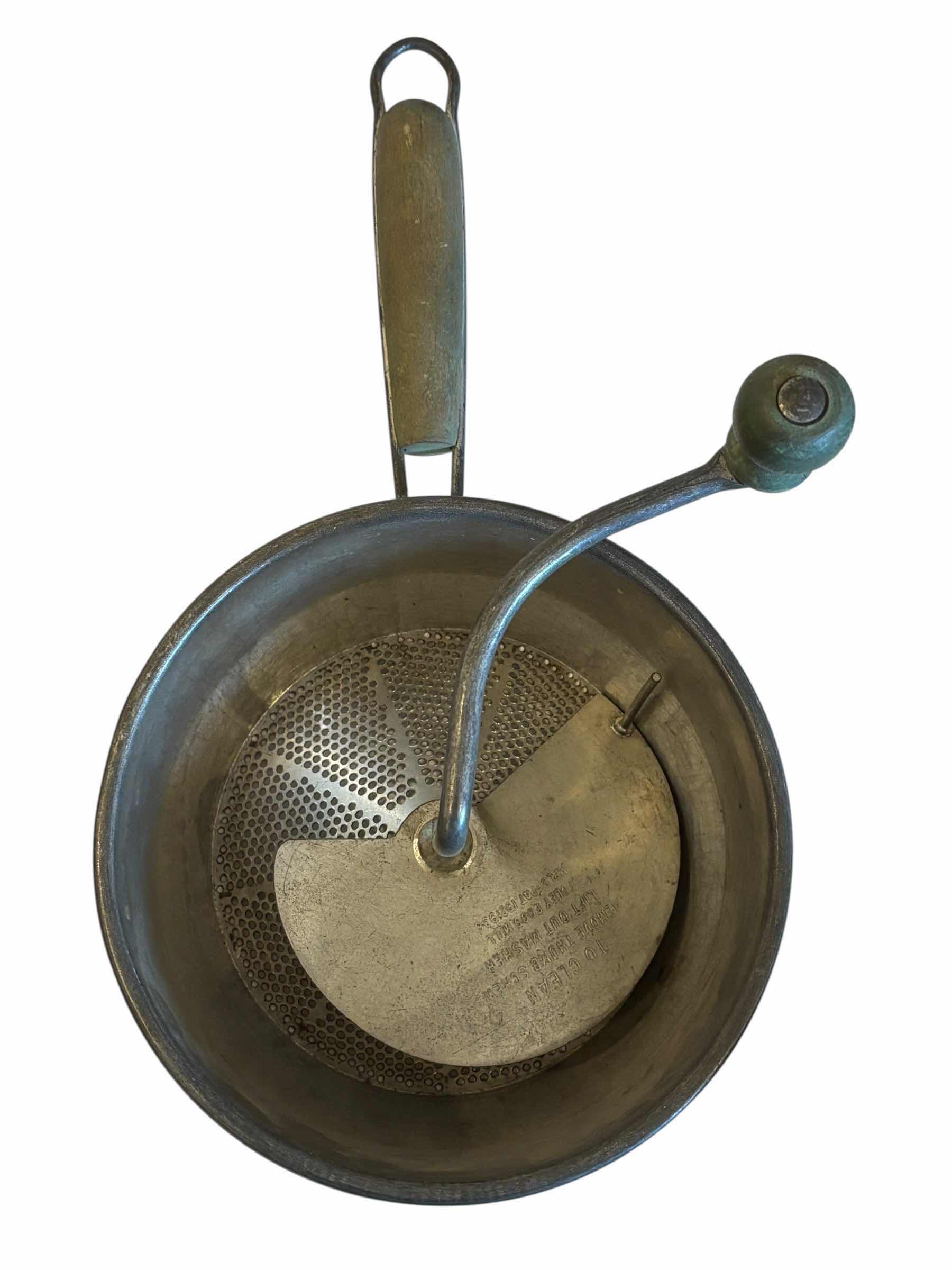 Photo 1 of COLLECTION OF METAL KITCHEN GADGETS: COPPER & BRASS NESTING MEASURING CUPS, FRUIT BOWL WITH HANDLE, FLOUR SIFTER