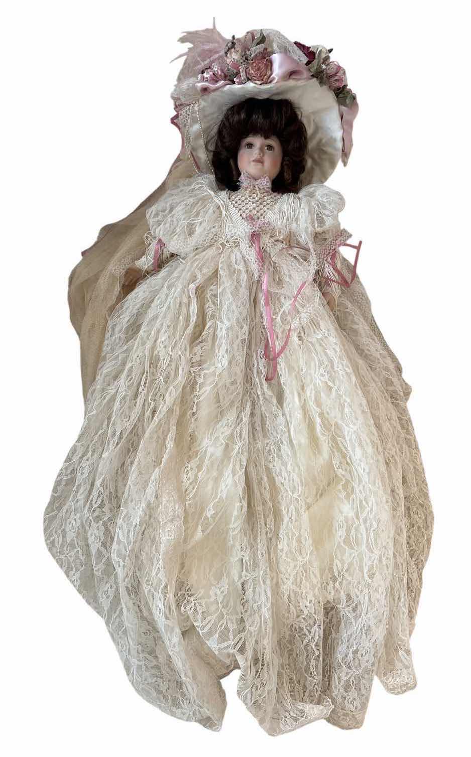 Photo 1 of LARGE VICTORIAN STYLE PORCELAIN DOLL WITH LACE DRESS, FLORAL HAT & BRUNETTE HAIR H27”