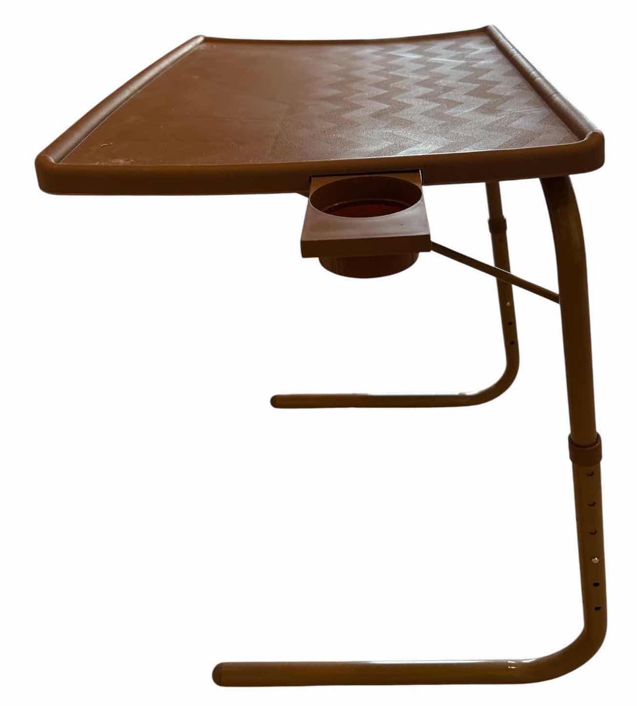 Photo 1 of VINTAGE TABLE-MATE ADJUSTABLE FOLDING TV TRAY TABLE WITH MOLDED PLASTIC TOP & CUP HOLDER ON METAL FRAME 20.5”X15.5”H24” $45