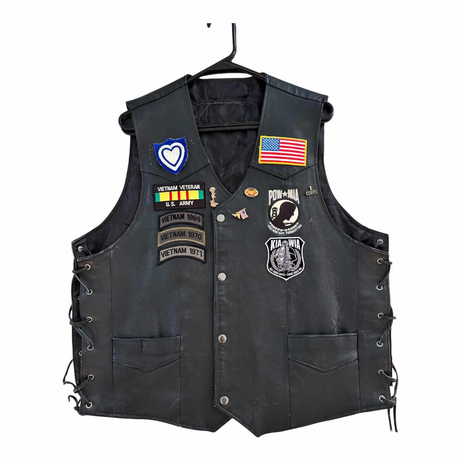 Photo 1 of MOTORCYCLE RIDING VEST WITH VIETNAM & OTHER MILITARY PATCHES (NO SIZE, GUESSING XL/XXL)