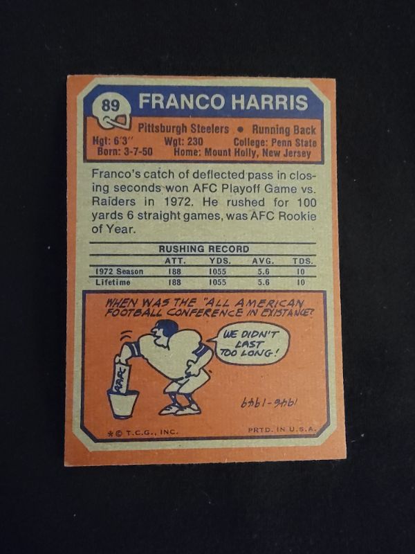 Photo 2 of 1973 FRANCO HARRIS ROOKIE CARD - EXCELLENT CONDITION