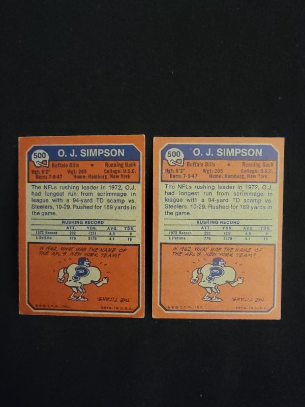 Photo 2 of (2) 1973 OJ SIMPSON CARDS - BOTH HAVE CREASES, SEE PHOTO