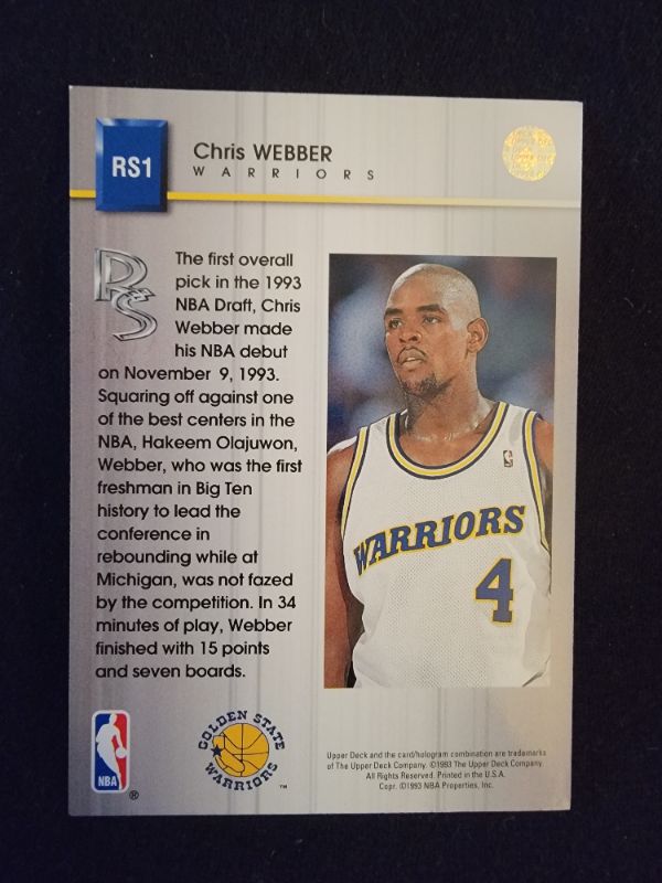 Photo 2 of 1993 CHRIS WEBBER UPPER DECK CARD - EXCELLENT CONDITION