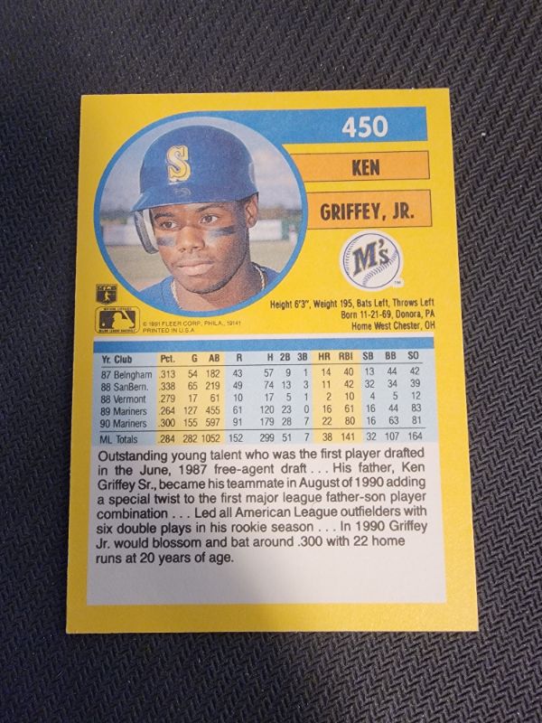 Photo 2 of 1991 KEN GRIFFEY JR FLEER CARD - EXCELLENT CONDITION