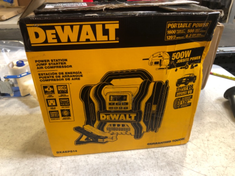 Photo 2 of DEWALT DXAEPS14 1600 Peak Battery Amp 12V Automotive Jump Starter/Power Station with 500 Watt AC Power Inverter, 120 PSI Digital Compressor, and USB Power , Yellow