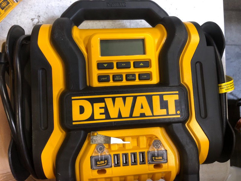 Photo 3 of DEWALT DXAEPS14 1600 Peak Battery Amp 12V Automotive Jump Starter/Power Station with 500 Watt AC Power Inverter, 120 PSI Digital Compressor, and USB Power , Yellow