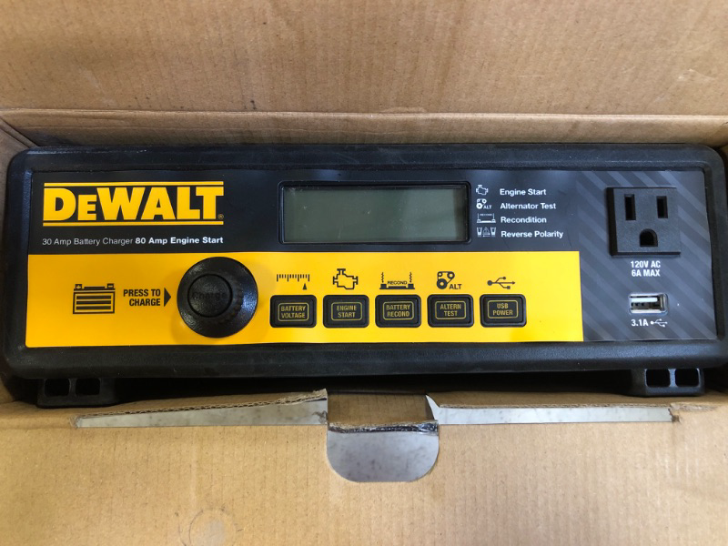 Photo 3 of DEWALT DXAEC801B 30 Amp Bench Battery Charger: 80 Amp Engine Start, 2 Amp Maintainer, 120V AC Outlet, 3.1A USB Port, Battery Clamps Single Battery Charger