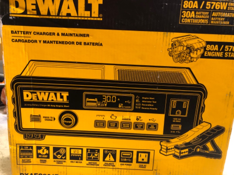 Photo 2 of DEWALT DXAEC801B 30 Amp Bench Battery Charger: 80 Amp Engine Start, 2 Amp Maintainer, 120V AC Outlet, 3.1A USB Port, Battery Clamps Single Battery Charger