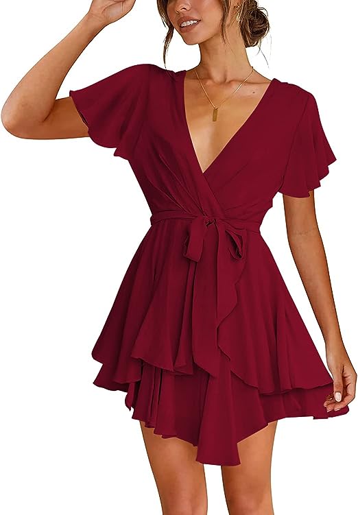 Photo 1 of  Women's Deep V Neck Short Sleeve Ruffle Layer Wrap Tie Waist Swing Mini Dress 2XL
