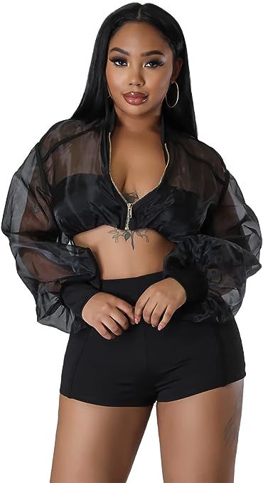 Photo 1 of acelyn Women’s 2 Piece Outfits - See Through Sheer Mesh Long Sleeve Zip Up Crop Tops + High Waisted Shorts Sets Medium
