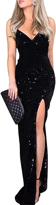 Photo 1 of BerryGo Women's Sexy V Neck Bodycon Sequin Gown Evening Dress with Slit Large 
