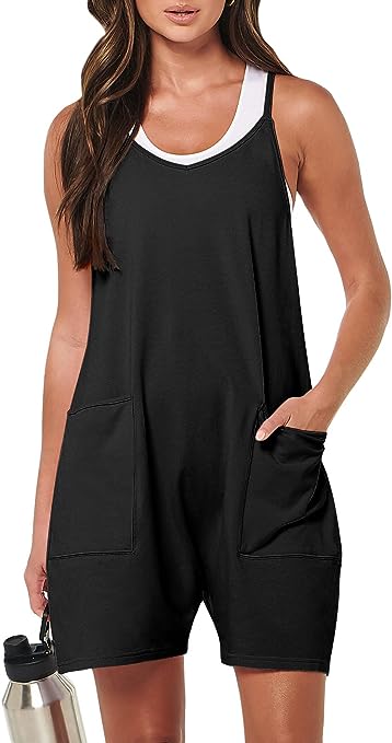 Photo 1 of Caracilia Women's Summer Casual Rompers Sleeveless Loose Spaghetti Strap Short Jumpsuits Overalls With Pockets
