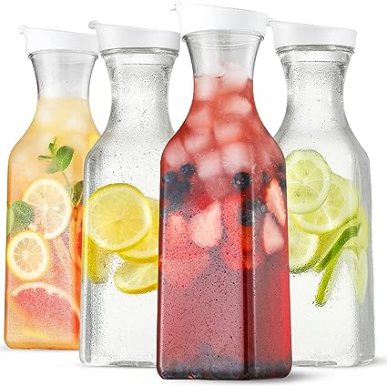 Photo 1 of 4 Pack Large 50 Oz Water Carafe with Flip Top Lid, Square Base Juice Containers, Clear Plastic Pitcher - for Water, Iced Tea, Juice, Lemonade, Milk, Cold Brew and Mimosa Bar - HAND WASH ONLY
