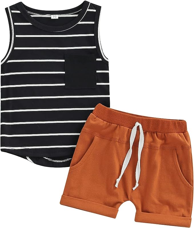 Photo 1 of 2Pcs Baby Boy Summer Clothes Striped Tank Tops Sleeveless T-Shirt and Solid Shorts Outfit Cute Infant Clothing 6-12 months