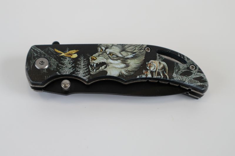 Photo 2 of WOLVES WITH MOUNTAINS AND TREES POCKET KNIFE NEW