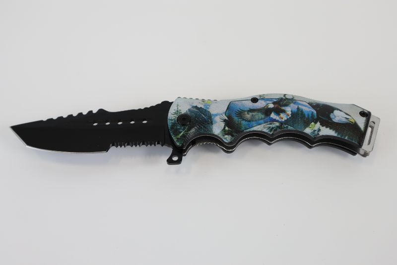 Photo 1 of EAGLES FLYING OVER MOUNTAINS AND TREES POCKET KNIFE NEW 