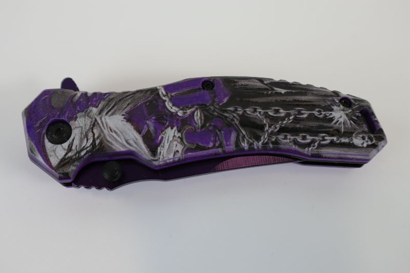 Photo 2 of PURPLE BLACK SKULL WITH CHAINS POCKET KNIFE NEW 