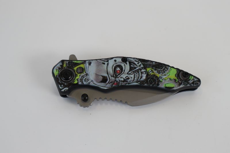 Photo 2 of GREY AND GREEN MECHANICAL SKULL POCKET KNIFE NEW 