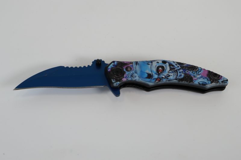 Photo 1 of BLUE BLACK MECHANICAL SKULL POCKET KNIFE NEW 
