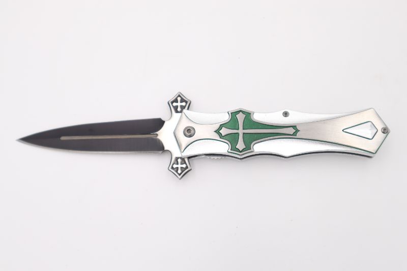 Photo 1 of GREEN AND SILVER CELTIC CROSS POCKET KNIFE NEW 