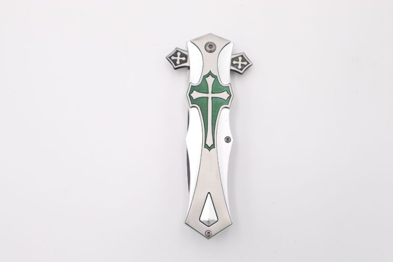 Photo 2 of GREEN AND SILVER CELTIC CROSS POCKET KNIFE NEW 