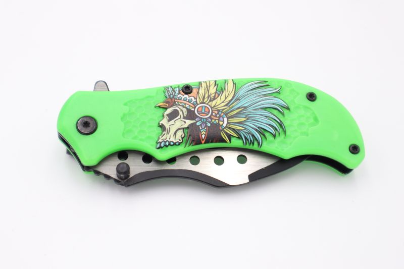 Photo 2 of GREEN INDIAN SKULL POCKET KNIFE NEW 