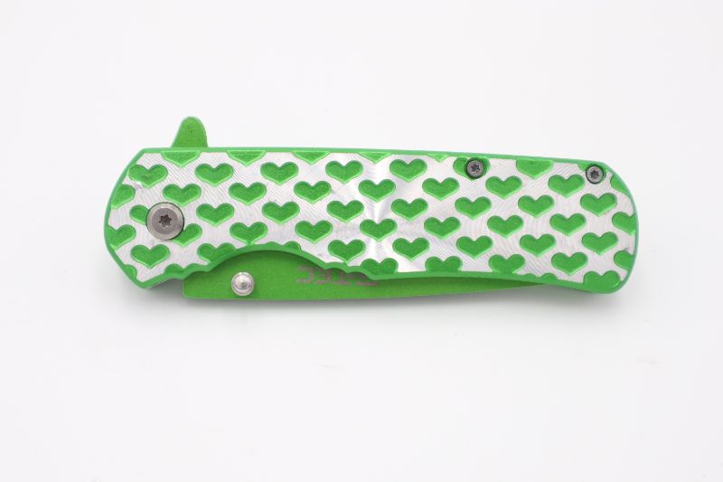 Photo 2 of BRIGHT GREEN AND SILVER HEART PRINT POCKET KNIFE NEW
