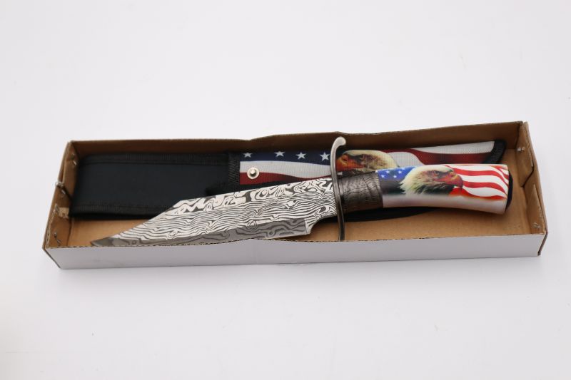 Photo 2 of 12 EAGLE BOWIE ETCH BALD DAMASCUS KNIFE NEW 