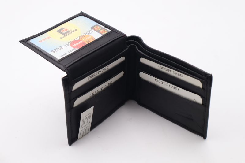 Photo 3 of BLACK BI-FOLD GENUINE LEATHER WALLET WITH 4 CARD SLOTS WITH 2 PLASTIC SEE THROUGH CARD SLOTS AND 2 SECTIONS FOR BILLS NEW 